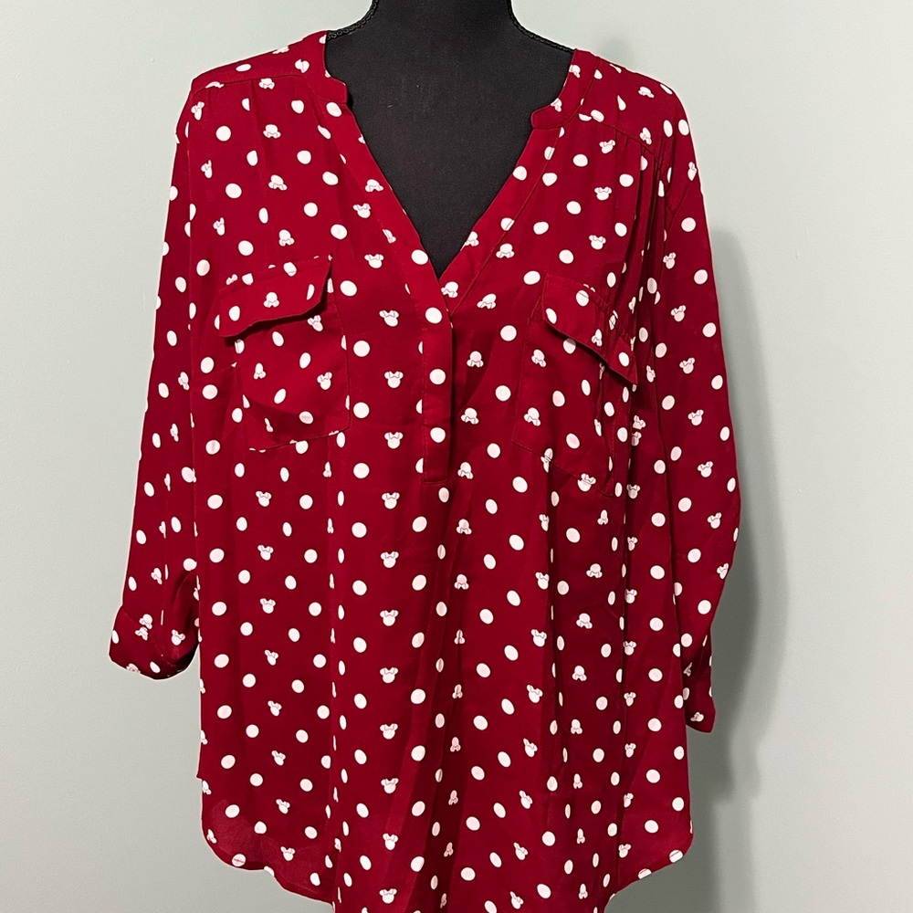Disney Red Blouse with White PolkaMinnie Mouse Polka Dots 1X